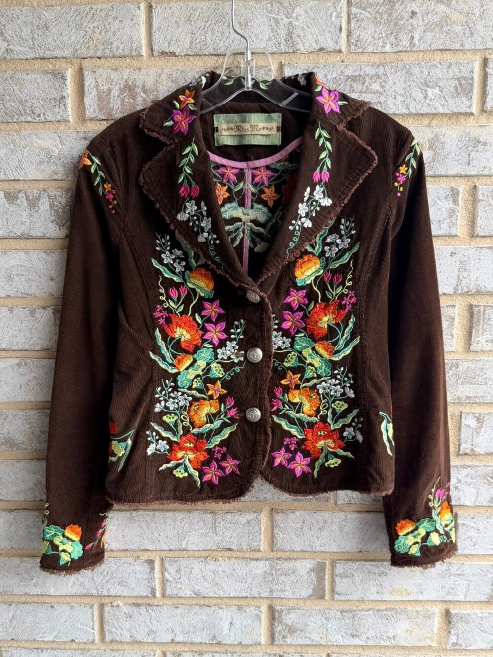 MIss Me Long Sleeve Floral Embroidered Button Front Y2K Corduroy Blazer Size S ?
